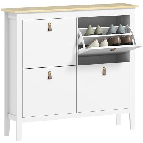HOMCOM Mueble Zapatero Estrecho Zapatero Entrada Recibidor con 4 Cajones Abatibles Estantes Ajustables y Tiradores de PU para 20 Pares de Zapatos para Pasillo 105x24x95,5 cm Blanco