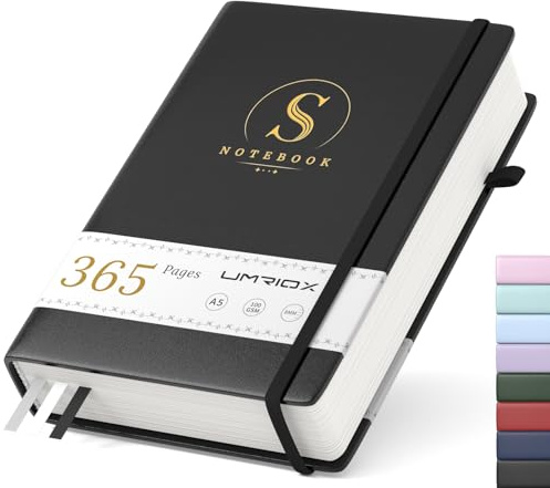Umriox Notizbuch A5 Liniert,Tagebuch für Erwachsene,Hardcover Journal mit 365 Seiten 100gsm Dickem Papier, Notizblock Für Erwachsene Arbeit,Schreiben,Notizen,Lernen,Reisen,14.5x 21cm-Schwarz