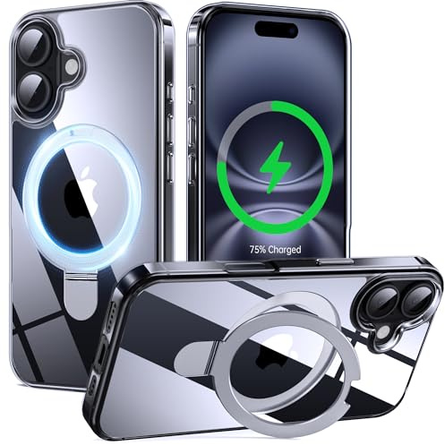 Supdeal Magnetic Stand Case for iPhone 16 with Invisible Ring Kickstand [Compatible with MagSafe] [Military Drop Protection] Shockproof Protective Clear Phone Case Cover, 6.1'', Transparent