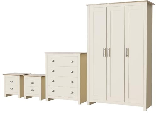 Nera 4 Piece Bedroom Furniture Set 3 Door Wardrobe Set Chest of Drawers and Bedside Cabinet Bedroom Storage (Cream on Oak)
