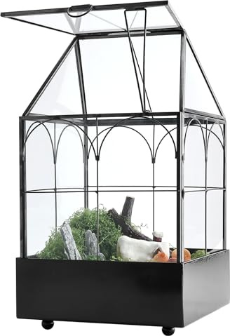 HighFree Glasterrarium mit Metallschale, Gewächshaus-Set für Sukkulenten, Kakteen, Schnecken, Spinnen und Miniaturreptilien, Schwarz, 15 x 15 x 26 cm
