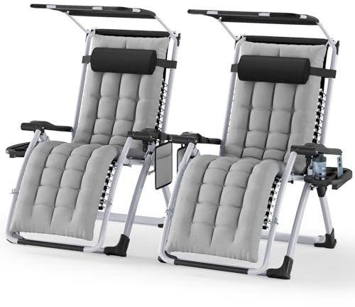 Soontrans 2pcs Sonnenliege Klappbar mit Dach, Gartenliege Wetterfest, Liegestuhl Garten mit Ergonomisches Polster Nackenkissen Getränkehalter, Strandliege Verstellbare Rückenlehne (hellgrau)