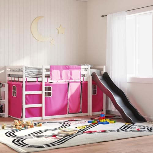 QJBSAVVA Hochbett mit Rutsche Rosa 195,5x97,5x113 cm Massiv-Kiefer Einzelbett 90x190 cm für Kinder ab 6 Jahre platzsparend mit Gardinen Set für Schlafzimmer und Spielzimmer