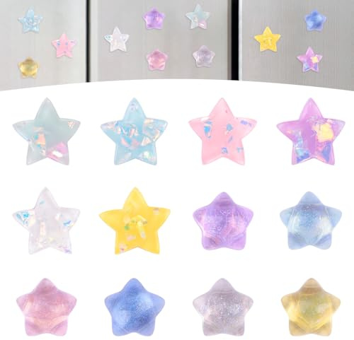 UFURMATE 12Pcs Refrigerator Magnets Small 3D Shiny Star Fridge Magnet Colorful Resin Pentagram Magnet Set for Home Kitchen Office School Whiteboard Decoration