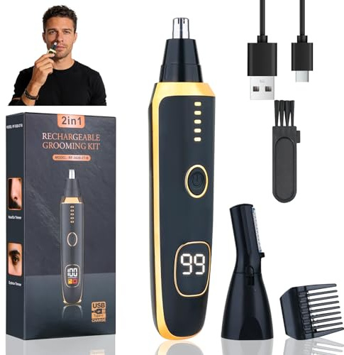 Yunmiss LED Display Eyebrow & Nose Hair Trimmer Clipper for Men Women,2026 Rechargeable 2 in 1 Painless Ear & Facial Hair Trimmer with Powerful Motor and Dual-Edge Blades Easy Cleansing (Black)