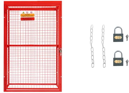 Gas Bottle Cage 181 x 116 x 57cm Collapsible Red Mesh Lockable Storage, Powder Coated Steel Cylinder Cage for 6 x 19kg or 2 x 47kg Bottles with Padlock, Keys, Removable Shelf & Warning Sign Bundle