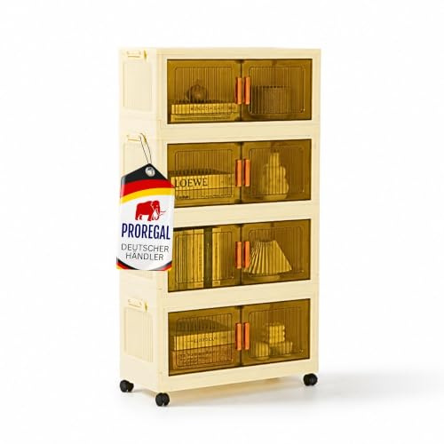 PROREGAL Aufbewahrungsboxen 4 Ebenen, 38 L, Weiß-Transparent, Stapelboxen mit 1 Deckel, stapelbar, faltbar, mit transparenten Türen, magnetischen Türen, auf Rollen, Bodenverstärkung, rutschfest