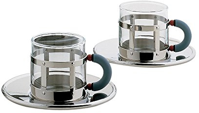 Alessi - MGDT Set - Set di Due Tazze da caffè con sottotazza in Acciaio inossdabile 18/10 Lucido e Vetro pirofilo. Manico in PA, Azzurro.