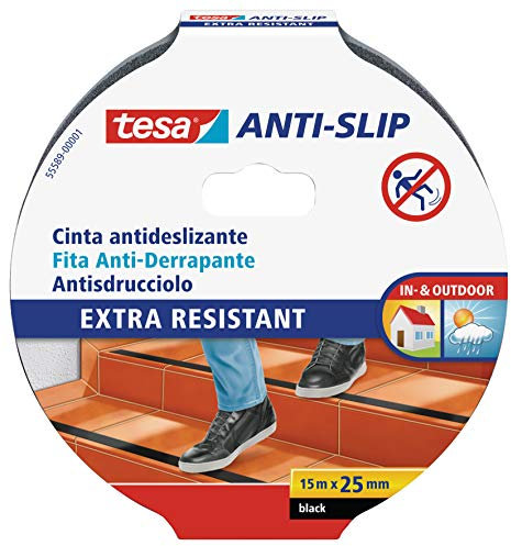 Tesa Cinta Antideslizante - Cinta Adhesiva Antideslizante para Interiores y Exteriores - Ideal para Escalones, Rampas y Suelos Resbaladizos - Negro -15 m x 25 mm
