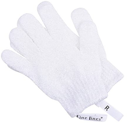 Fine Lines - Exfoliating Shower Gloves, White | Exfoliating Glove for Bath scrub, Dead Skin Remover | Exfoliating mitt | Body Scrub Gloves with Hanging Hoops | Protected Design