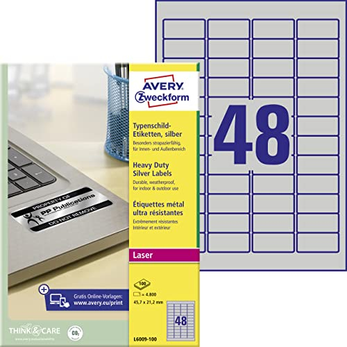 AVERY Zweckform L6009-100 Typenschild Folienetiketten (4.800 Aufkleber, 45,7x21,2mm auf A4, stark selbstklebend, strapazierfähig, wetterfest, bedruckbare Klebefolie, blanko) 100 Blatt, silber
