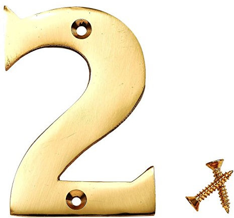 Merriway BH04228 Polished and Lacquered Solid Brass Screw-On House Flat Gate Post Numeral 75 mm (3 Inch) Number 2