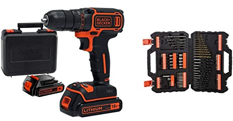 BLACK+DECKER Decker BDCDC18KB-QW Taladro atornillador 18V 1.5Ah con maletín y 2 baterías 1.5Ah + A7200-XJ - Kit para taladrar y atornillar 109 piezas