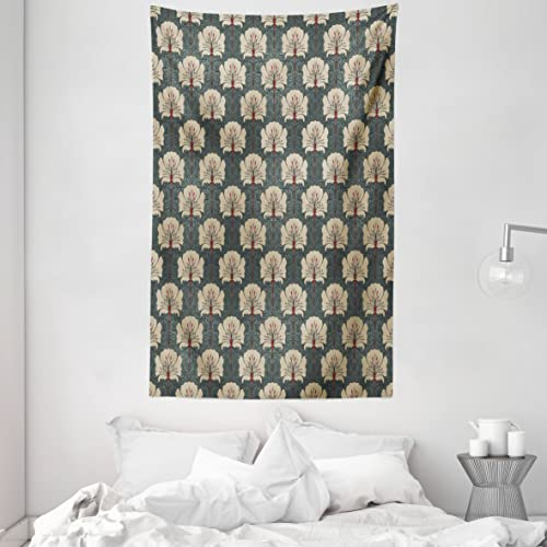 ABAKUHAUS Floral Wandteppich und Tagesdecke, Art Nouveau Mohnblumen aus Weiches Mikrofaser Stoff Waschbar ohne Verblassen Digitaldruck, 140 x 230 cm,Zinnoberrot Grau Tan