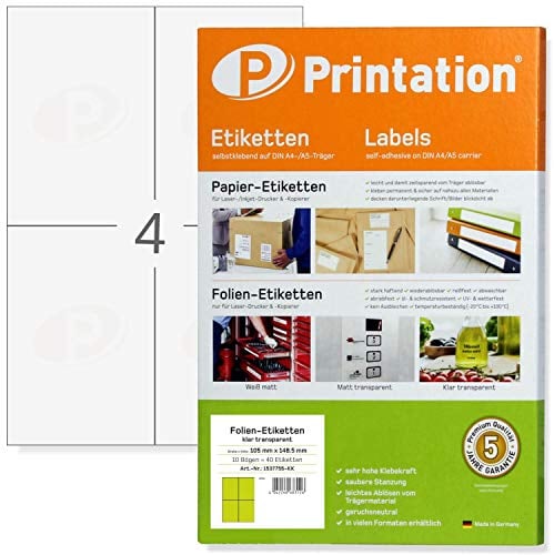Printation wetterfeste Folienetiketten transparent klar 105 x 148,5 mm - 10 Blatt - 40 Aufkleber/Sticker 105x148,5 pro A4 Bogen 2x2 - Klebefolie kristallklar, durchsichtig selbstklebend bedruckbar