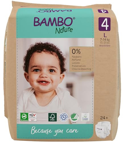 Bambo Nature Baby Windeln Größe 4 (7-14kg) - 24 St Premium Diapers mit verbesserter Auslaufsicherheit | Ultimativer Komfort & Freiheit für aktive Kinder | Dermatologisch getestete Nappies
