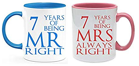 Copper Anniversary 7 Years of Being Mr Right & Mrs Always Right Set of 2 Wedding Anniversary, Valentines Day, Coloured Couple Mug Set. (7 Years)