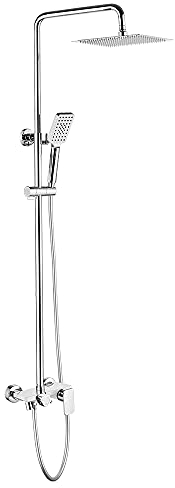 Ibergrif M20742W Cuadrado Duchas de Baño Columna, Columna Ducha Altura Ajustable, Conjunto de Ducha con Rociador, Alcachofa, Manguera, Barra Ajustable y Soporte, Blanco