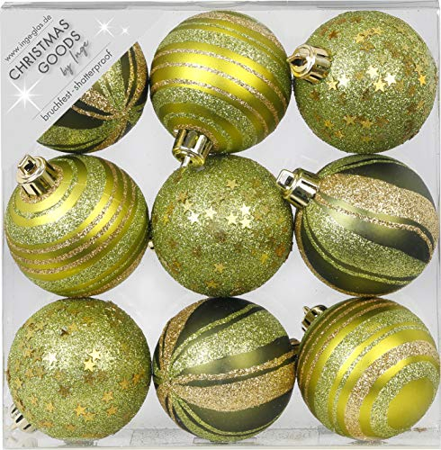 9 STK. Christbaumkugeln 6cm Ornament Dekor Motive Kunststoff bruchfest Dekokugeln Weihnachtskugeln Baumkugeln Baumschmuck Set Christbaumschmuck Weihnachtsschmuck 60mm Olive Green-Mix - olivgrün