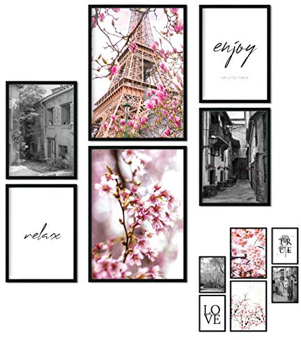 Poster 6er Set Beidseitige Bilder - Stilvolle Home Deko für Schlafzimmer und Wohnzimmer | Poster Vintage Set Traumfänger Boho A3 | A4 (Frühling Blüten, A3 | A4)