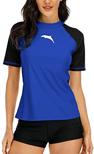 Halcurt Damen Rash Guard Bademode für Schwimmen Surfen Tauchen Sport Badeanzug Kurzarm UV-Schutz Blau L