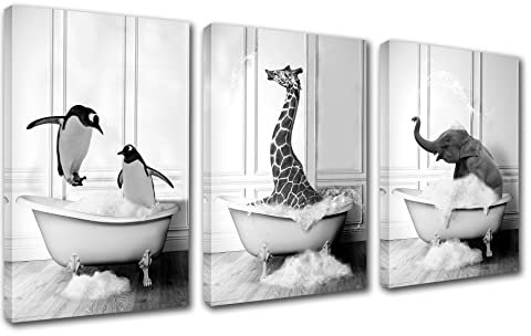 Moderne Wandkunst, schwarz-weiß, Wandkunst, Dekor, Tierbilder, zwei Pinguine, spielen im Wasser, moderne Kunstwerke Giraffe, Elefant, nehmen Sie ein Bad, Heimdekoration für Wohnzimmer, 106x 50 cm
