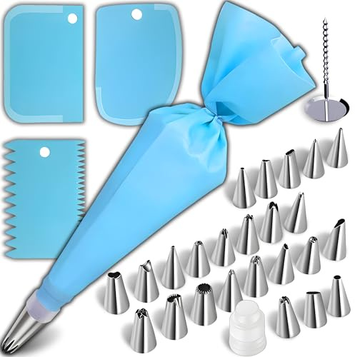 Retoo Spritzbeutel Set 33-tlg, 24 Edelstahl-Tüllen, 2 Silikonbeutel, Blau | 2 Kunststoffadapter, 3 Spachtel, Organizer, Blumenunterlage, Tüllenwechsel ohne Entleeren, für Torten und Cupcakes
