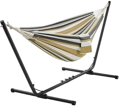 Yaheetech Hamaca con Soporte para 2 Personas,205kg Capacidad Rayas Desierto | Soporte Metálico Ajustable (294/304/314 cm), 2 Bolsas de Almacenamiento, Algodón+Poliéster, Ideal para Jardín/Patio/Camping