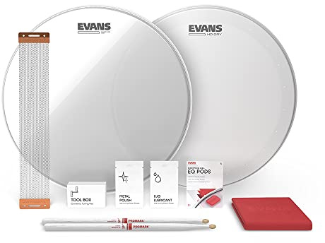 Evans Snare Drum Tune Up Kit - 13 Inch Snare Drum Heads - HD Dry and Clear Resonant Drumheads - EQ Pods - Snare Wires - Drumsticks - Maintenance Accessories