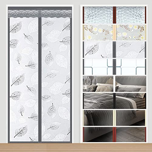 Türvorhang thermo kälteschutz filz wärmeschutzvorhang tür mit kräuselband magnet thermovorhang kälteschutz hitzeschutz haustür für türen Balkontür Wohnzimmer 90x205cm Graue Blätter
