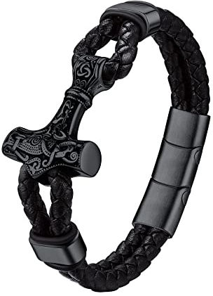 Bestyle Wikinger Armband Heren Echtleder Armbänder mit Thors Hammer geflochten Lederarmband mit Magnet Verschluss Schwarz Armkette 23cm