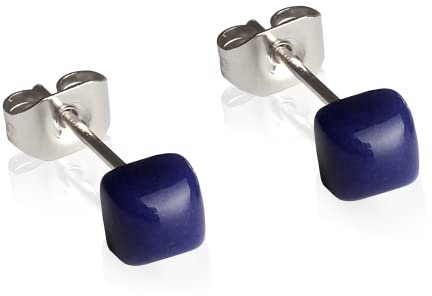 Winzige Ohrstecker mit Stein in dunkelblau • Quadratische Ohrringe für 1, 2 & 3 Ohrloch • Nachhaltiger Schmuck aus recyceltem Glas & Edelstahl • 4mm