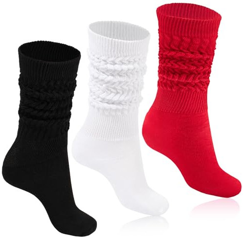 Moon Wood Slouch Socken Damen 3 Paare Kniestrümpfe Extra lange Baumwolle stricken Knie hoch dick Scrunch Socken Schuhgröße 39-44 Schwarz/Weiß/Rot