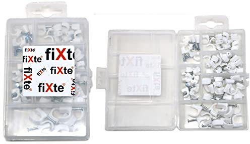 64 x fiXte Round Cable Clips with Nails 5mm 6mm 8mm 10mm Ethernet Electrical Antenna Wires Cable Organisation White