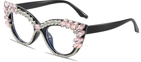 LJCZKA Blaulichtfilter Brille Damen Katzenaugen mit Strasssteinen, Vintage Brille Ohne Stärke Damen Strass Brille Computerbrille