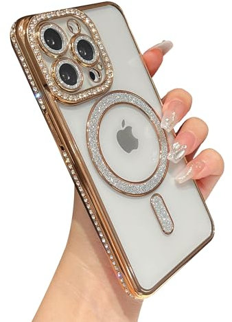 Caseative for iPhone 13 Pro Case,Glitter Bling Clear Magnetic Compatible with MagSafe Wireless Charging (Gold)