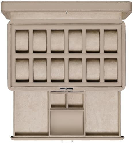 ROTHWELL Luxus Uhrenbox für 12 Uhren - PU Leder Uhrenbox mit Echtglasdeckel - Ausziehbare Zubehörschublade mit mehreren Fächern (Haferflocken)
