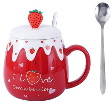 CAPIJIONG Mug en céramique avec couvercle Motif fraise 450 ml