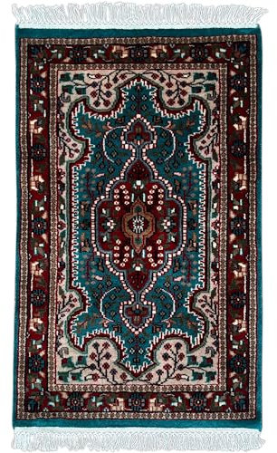 Amma Carpets Handgeknüpfter Wollteppich, handgeknüpft, Türkis, 60 x 91 cm, klein, traditionell