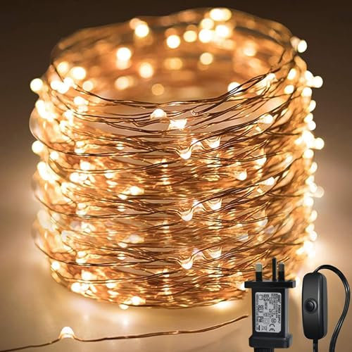 LiyuanQ 10 m LED Fairy Lights Made of Copper Wire with Button, 100 LED Waterproof Fairy Lights with Plug for Party, Wedding, Christmas, Bedroom, Balcony, Indoor and Outdoor Decoration (Warm White)