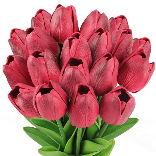 N&T NIETING Künstliche Tulpen Gefälschte Blumen, 12 Stück Latex Real Touch Faux Tulpen Blumen für DIY Hochzeit Home Garten Hotel Party Büro Dekoration (Schokoladenfarbe)
