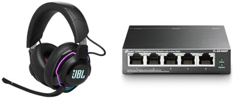 JBL Quantum 910 Over-Ear Gaming Kopfhörer – Wireless 2 & TP-Link TL-SG1005P PoE Switch 5-Port Gigabit LAN Switch mit 4 PoE+ Ports (65 Watt