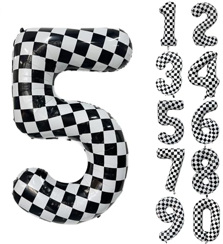 Karierter Geburtstag Ballon, Zahlen Luftballon 5, Schwarz-Weißer Zahlenballon, Riesen Folienballon Zahl 5 für Jungen Mädchen Geburtstag Party Autos Party Dekoration 5 jahre Geburtstagsdeko