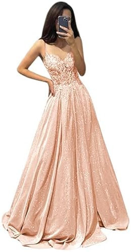 Generico Scollo a V Scintillante Pizzo Applique Abiti da Prom Donna Spaghetti Strap Serata Formale Abiti Lunghi da Festa in Raso con Tasche Rose Gold XXS