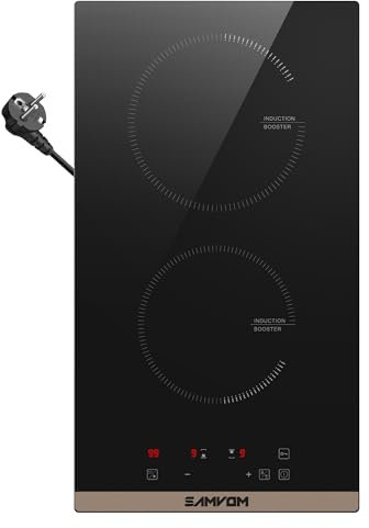 Induktionskochfeld 2 Platten Einbau 3500W, Induktionskochfeld mit Stecker, Gleichmäßige Erwärmung, Boost-Funktion,99Mins Timer, Kindersicherung,30cm