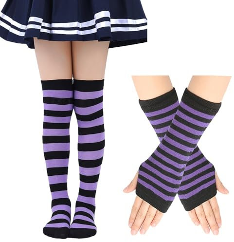Hrlace Calze al ginocchio a righe guanti senza dita set di strisce colorate braccia calde gambe calze elastiche sopra il ginocchio calze lunghe scaldamuscoli per donne ragazze feste, Viola