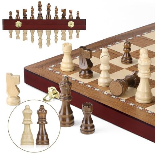 Peradix Tablero Ajedrez Madera Magnetico, Juego de Ajedrez Profesional Grande,Plegable Portátil Ajedrez con 2 Reinas para Niños y Adultos,38 x 38 cm