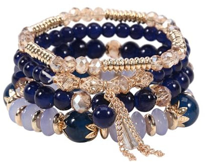 XSDSLS 4 Stück Damen Kristall Perlen Armband Boho Stretch Perlen Armbänder Mehrschichtiges Stapelbare Quasten Armband Modeschmuck Armband Damen für Frauen Mädchen Geschenk (Saphir)