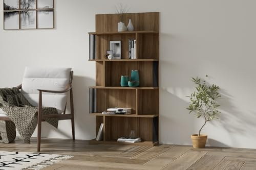 Hanah Home Stylish Walnut Bookshelf, 80 cm x 160 cm x 21.8 cm | 100% Melamine Coated Particle Board, 18 mm Thick | Wall-Mountable, Multiple Shelves, Extra Storage