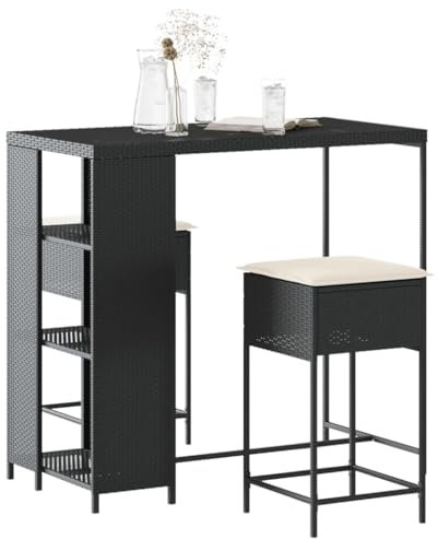 Gecheer 3-TLG.Gartenbar Set mit Kissen Theke Bar Tresen Gartentheke Bartisch Stehtisch Barhocker Barstuhl Gartenmöbel Sitzgruppe Schwarz Poly Rattan
